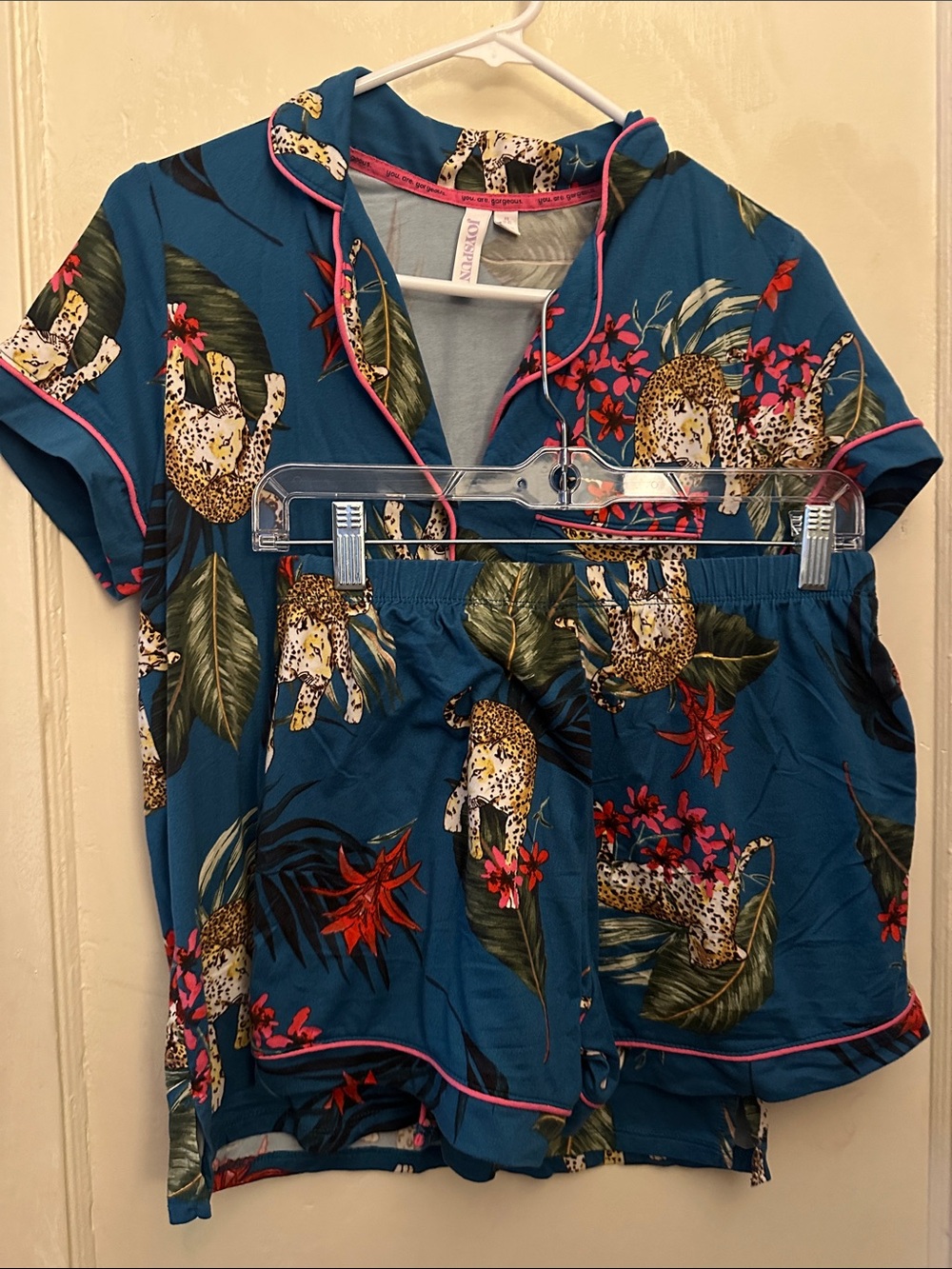 Leopard & Tropical Leaf Short Pajama Set - Teal with Pink Piping